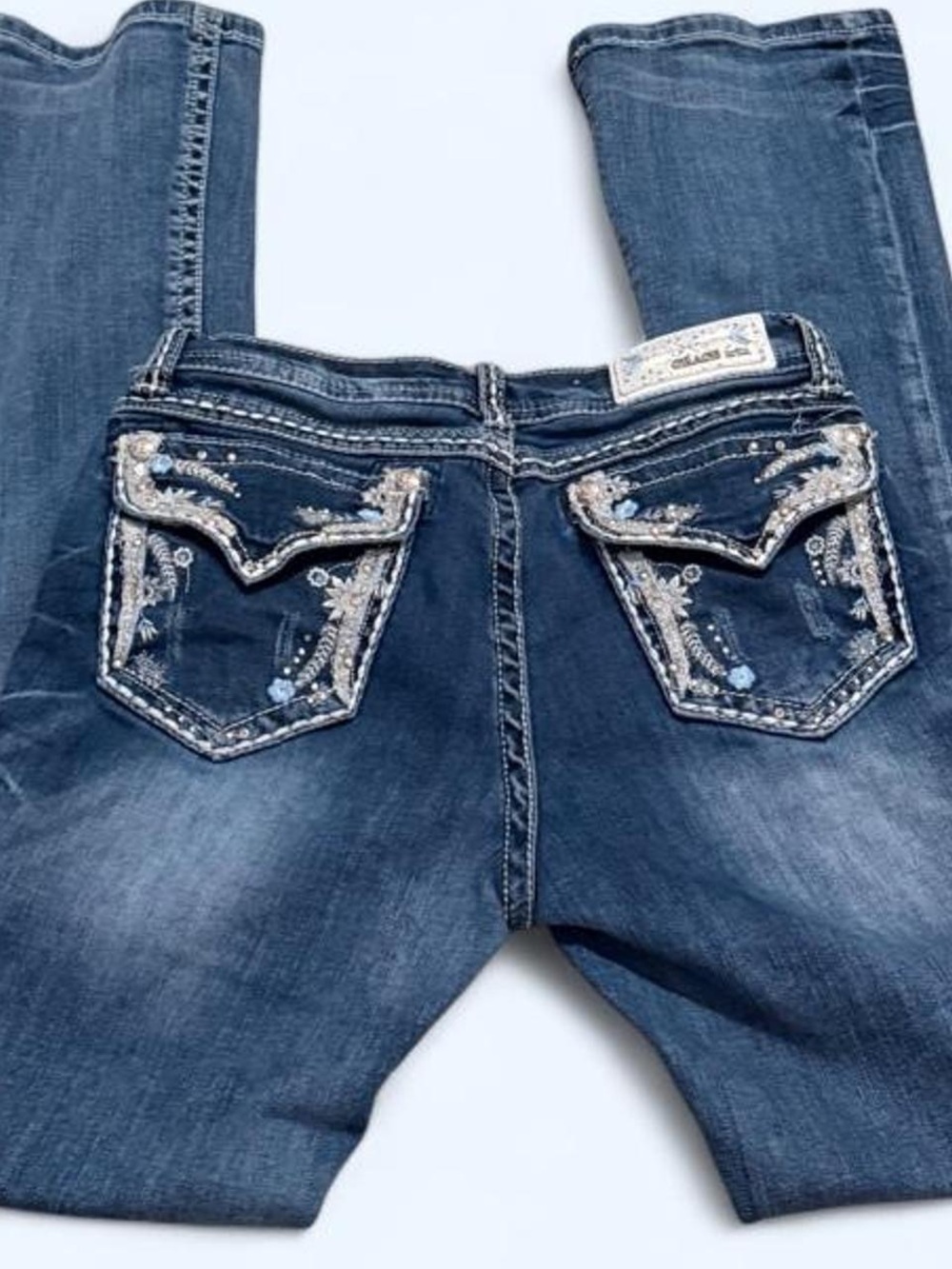 Grace in LA Dark Blue Embellished Boot Cut Jeans with Rhinestone Detail